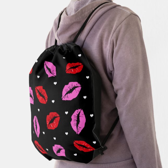 Kiss Lips Pink Red Hearts Drawstring Bag BLK (Insitu)