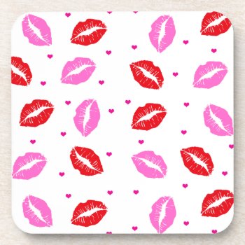 Kiss Lips Pink Red Hearts Plastic Coasters Set 6 by xgdesignsnyc at Zazzle