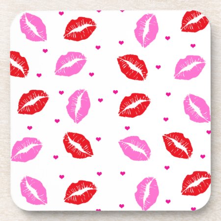 Kiss Lips Pink Red Hearts Plastic Coasters Set 6