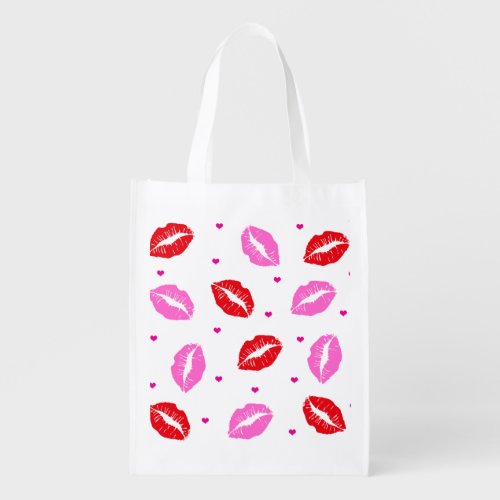Kiss Lips Pink Red Hearts Reusable Grocery Bag