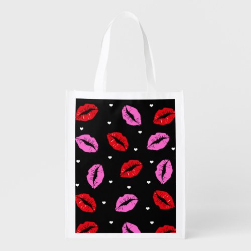Kiss Lips Pink Red Hearts Reusable Grocery Bag BLK
