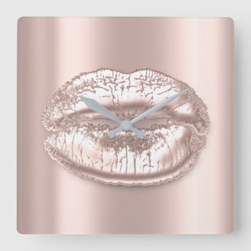Kiss Lips Pink Rose Blush Metal Makeup Artist Square Wall Clock