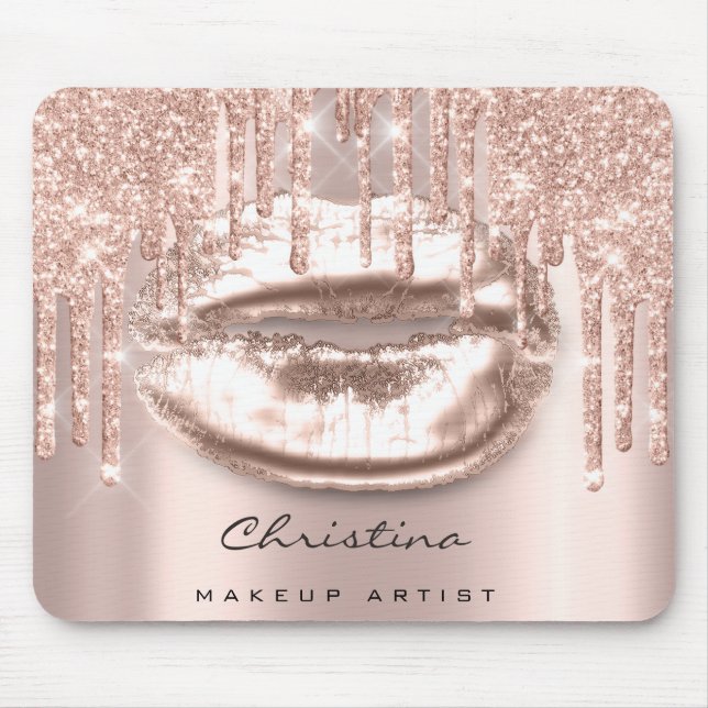 Kiss Lips Pink Rose Gold Blush Makeup Glitter Mouse Pad (Front)