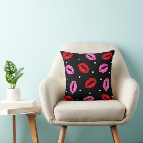 Kiss Lips Red and Pink Hearts Black Throw Pillow
