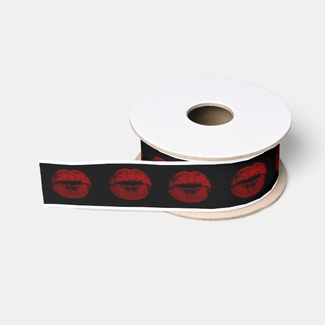 Kiss Lips Red Lipstick Black Valentine Bridal Grosgrain Ribbon (Spool)