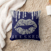 Kiss Lips Silver Gray Drips Glitter Navy Blessed Throw Pillow (Blanket)