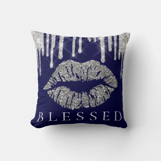 Kiss Lips Silver Gray Drips Glitter Navy Blessed Throw Pillow (Front)