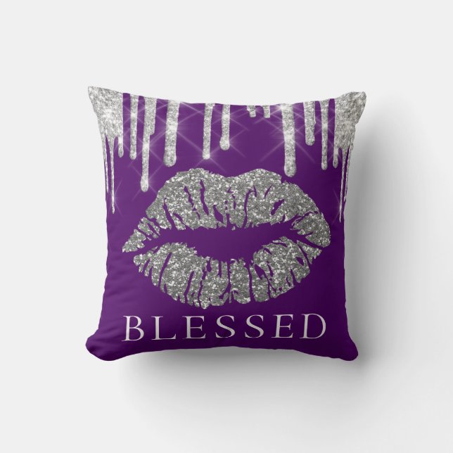 Kiss Lips Silver Gray Drips Glitter Purple Blessed Throw Pillow (Front)