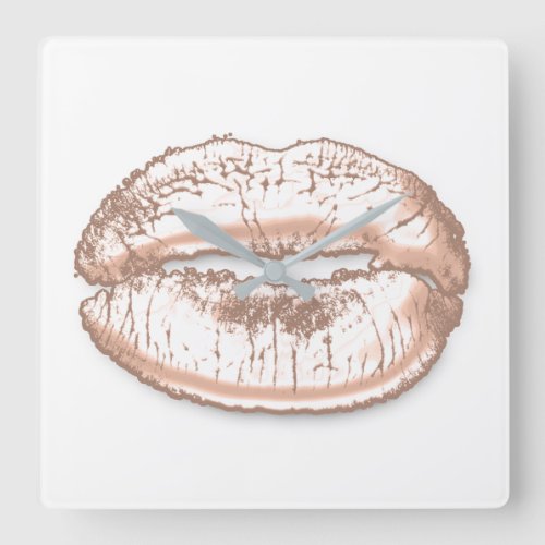 Kiss Lips White Pink Rose Gold Makeup Square Wall Clock