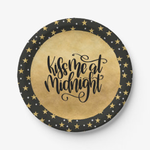 Kiss Me at Midnight Black and Gold Stars Paper Plates