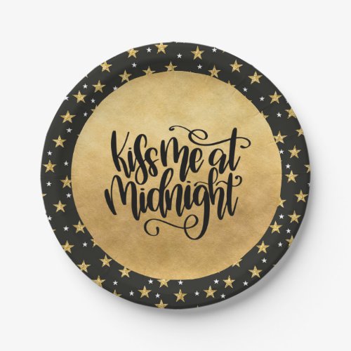 Kiss Me at Midnight Black and Gold Stars Paper Plates