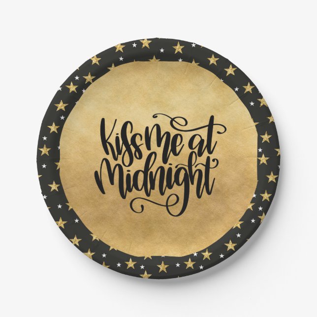 Kiss Me at Midnight Black and Gold Stars Paper Plates (Front)