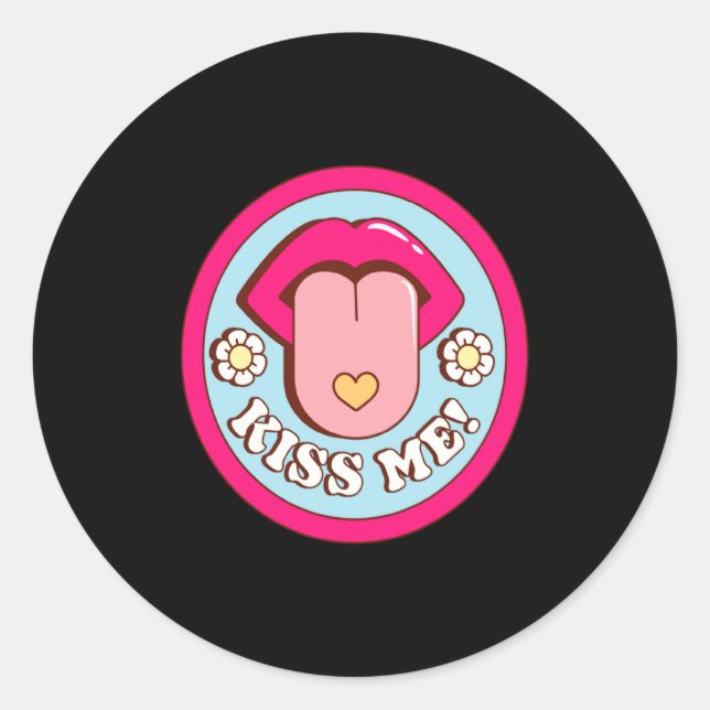 Kiss Me Flower Tongue Out Valentines Day Womens Me Classic Round Sticker (Front)