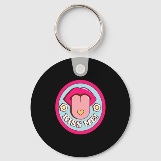 Kiss Me Flower Tongue Out Valentines Day Womens Me Keychain (Front)