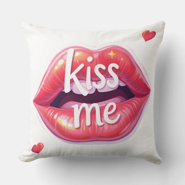 Kiss Me Glossy Red Lips Art Illustration Throw Pillow (Front)
