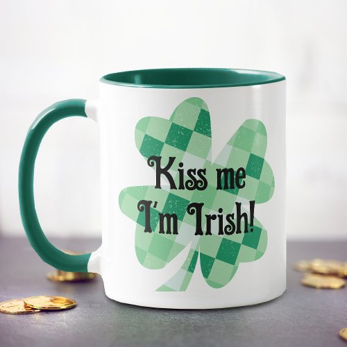 Kiss me Green Plaid Irish Shamrock Lucky Name Mug