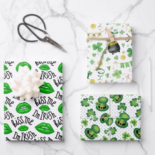 Kiss Me I Am Irish Shamrock Leprechauns Hat Green Wrapping Paper Sheets