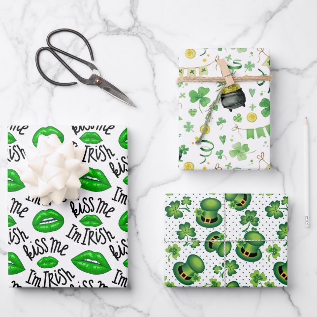 Kiss Me I Am Irish Shamrock Leprechaun's Hat Green Wrapping Paper Sheets (Front)