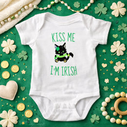 Kiss Me I’m Irish Cute Shamrock Kitty Baby Bodysuit