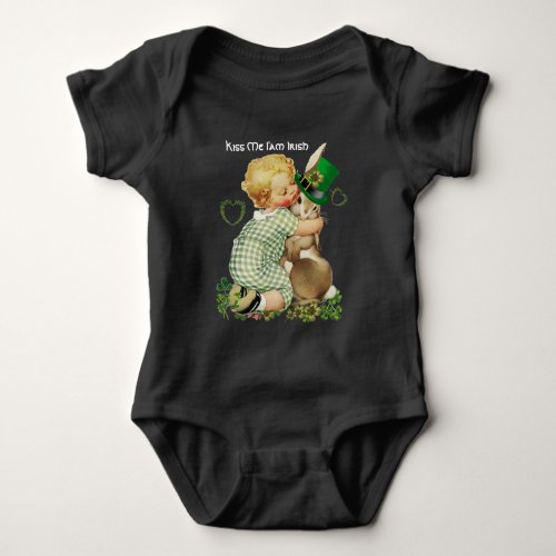 KISS ME IAM IRISHBABYRABBIT WITH LEPRECHAUN HAT BABY BODYSUIT