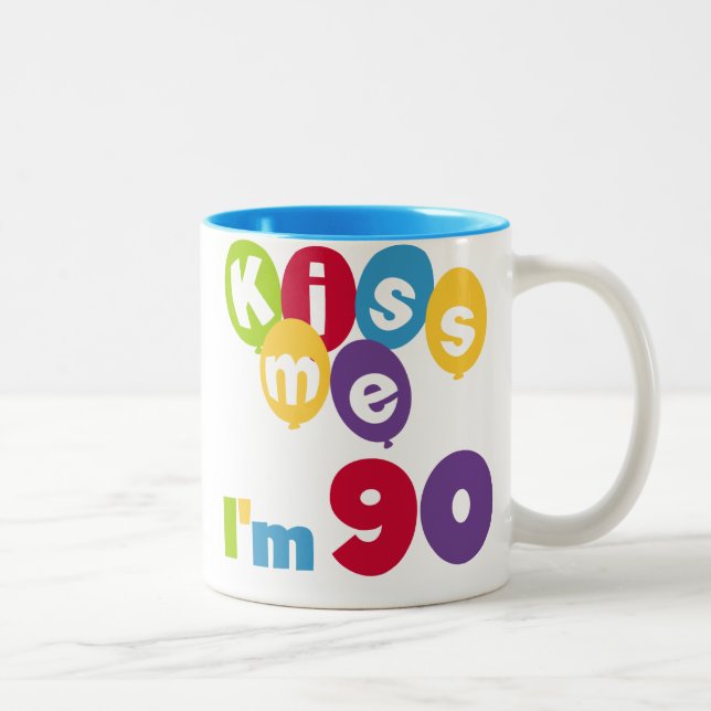 Kiss Me I'm 90 Birthday T-shirts and Gifts Two-Tone Coffee Mug (Right)