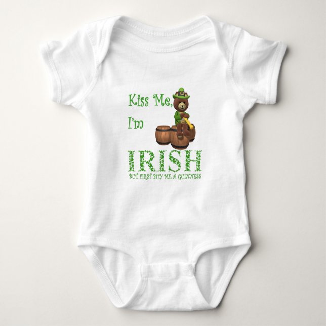 Kiss Me I'm Irish, but First Buy Me A Guinness Baby Bodysuit (Front)