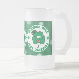 Kiss Me I'm Irish Clover Face Green Bokeh Frosted Glass Beer Mug