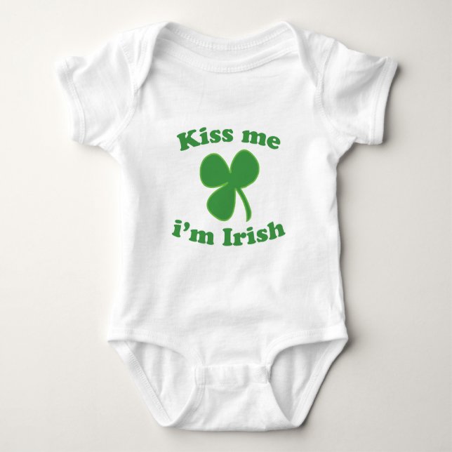 Kiss Me Im Irish Clover St Patrick's Day Baby Bodysuit (Front)