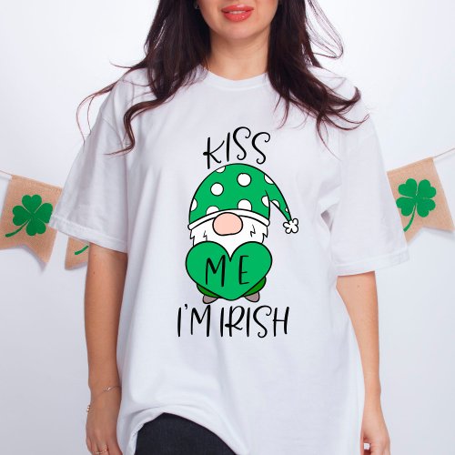 Kiss Me Im Irish Cute Gnome Green Heart T_Shirt