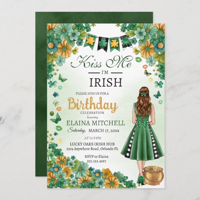 Kiss Me I'm Irish Girl Green Dress St. Patrick's Invitation (Front/Back)