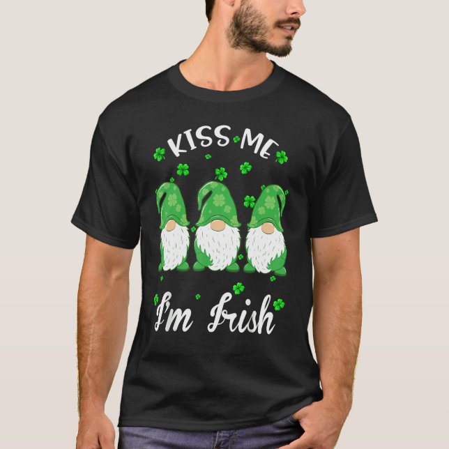 Kiss Me I'm Irish. Gnome Shamrock Clover Saint Pat T-Shirt (Front)