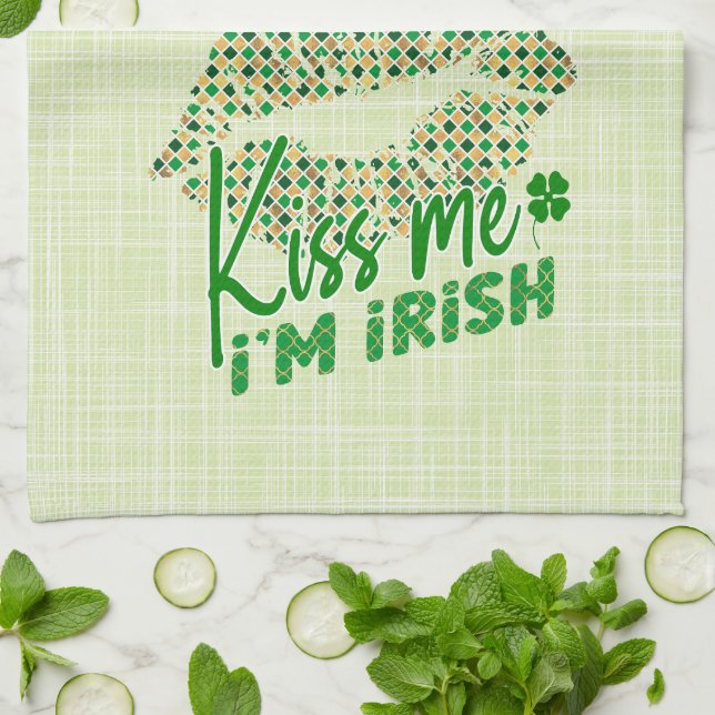 Kiss Me I'm Irish Green Lips Kitchen Towel (Folded)