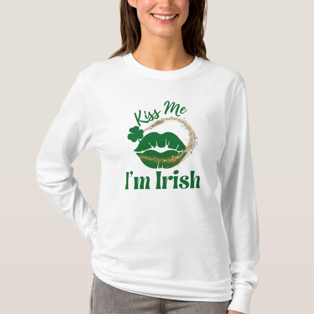 Kiss Me I'm Irish Lips And Shamrock Woman's T-Shirt (Front)