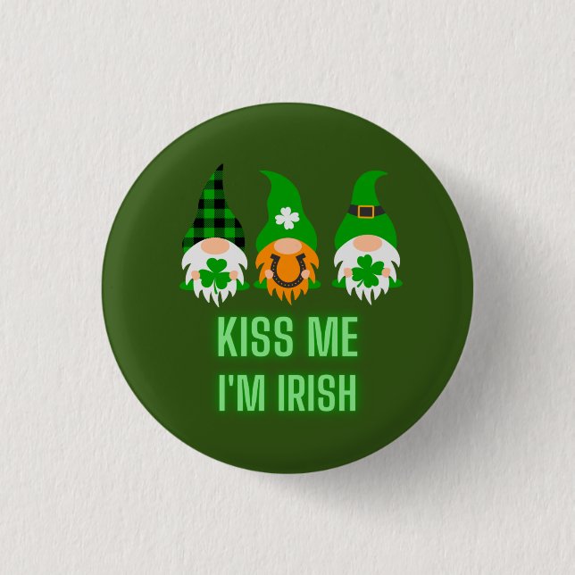 Kiss Me I'm Irish St. Patrick's Day Gnome Shamrock Button (Front)