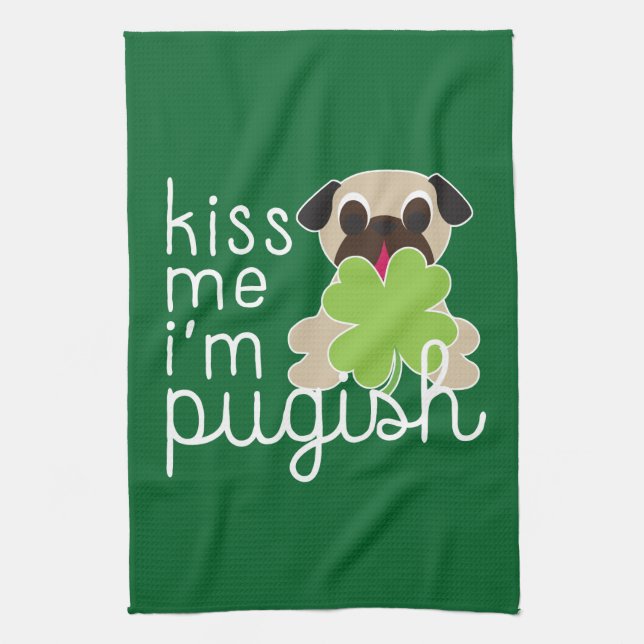 Kiss Me I'm Pugish St Patrick's Day Pug Clover Towel (Vertical)