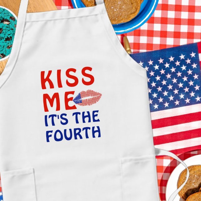 Kiss Me It's the Fourth Lipstick USA Flag Apron (Celebrate the fourth with this patriotic red white and blue stars and stripes lipstick kiss apron)