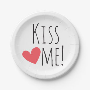 Kiss Me Love Quote Red Heart Wedding Bridal Shower Paper Plates