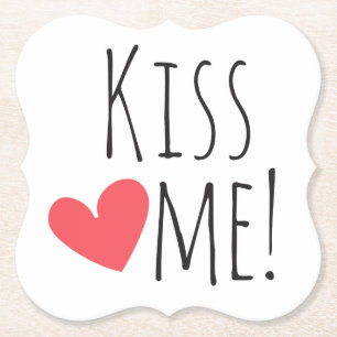 Kiss Me Love Quote Red Heart Wedding Engagement Paper Coaster