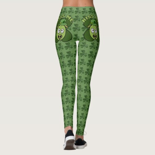 Kiss Me Pig Shamrock Pattern Leggings - Green Shamrock pattern with a kiss me pig on both buns, perfect for St. Patrick's Day.