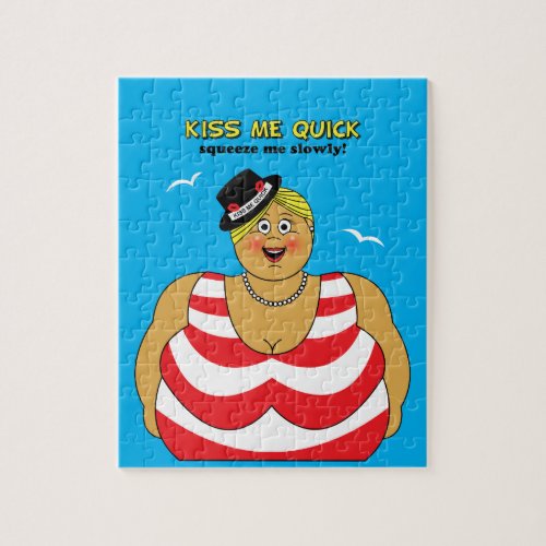 Kiss Me Quick Funny British Seaside Swimsuit Lady Jigsaw Puzzle