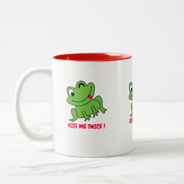 Kiss me twice! Cute frog design coffee mug. Two-Tone Coffee Mug (Left)
