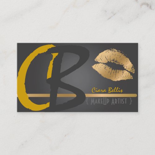 Monogram, gold tone lips business card