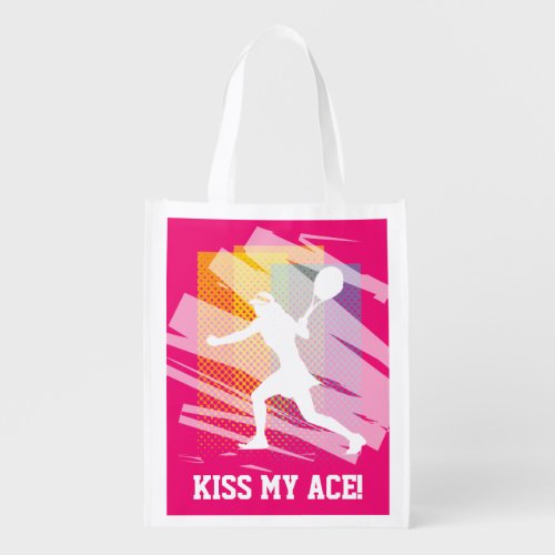 Kiss my ace _ female tennis player silhouette  grocery bag