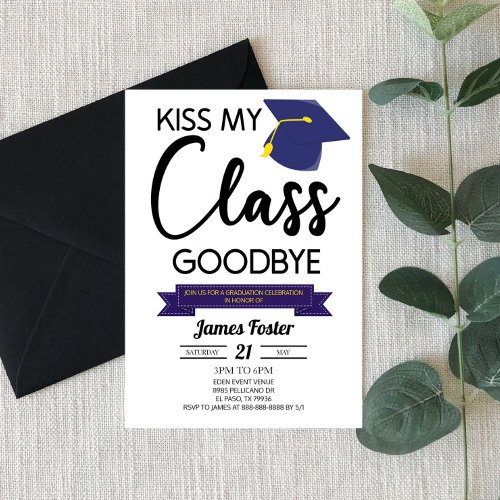 Kiss My Class Goodbye Blue Black Graduation Invitation