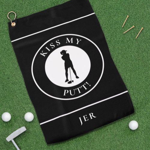 Kiss My Putt Funny Golfer Humor Silhouette Black   Golf Towel