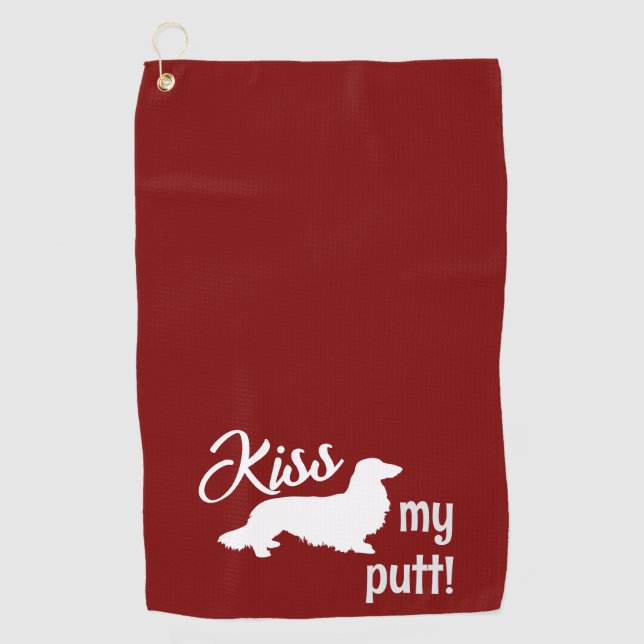 Kiss My Putt Long Hair Dachshund Cheeky Golf Towel (Front)
