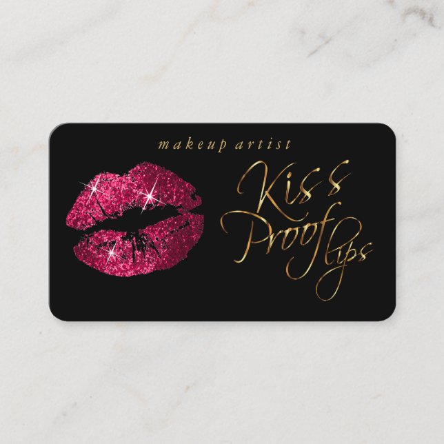 Kiss Proof Lips - Hot Pink Glitter and  Gold Business Card (Front)