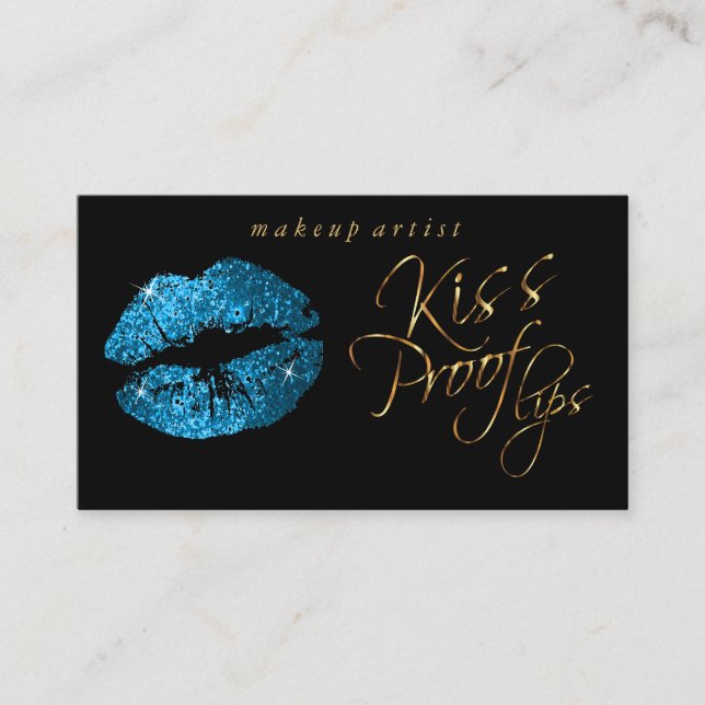 Kiss Proof Lips - Turquoise Glitter and  Gold Business Card (Front)