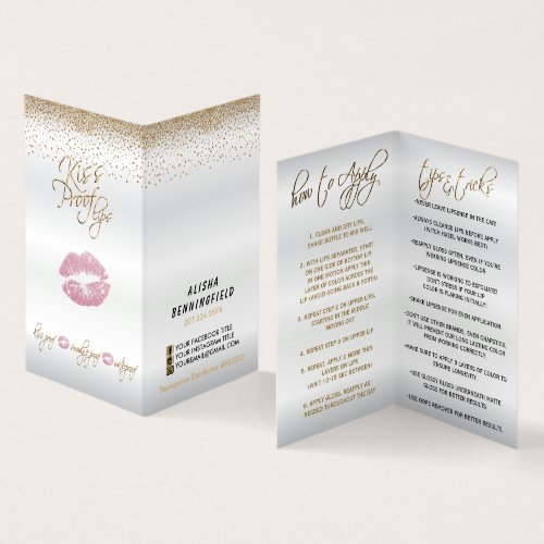 Kiss Proof Pink Lips and Gold Lip Instructions Business Card