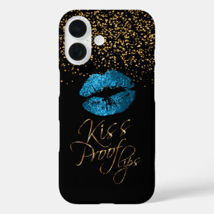 Kiss Proof with Gold Confetti & Blue Lips iPhone 16 Case